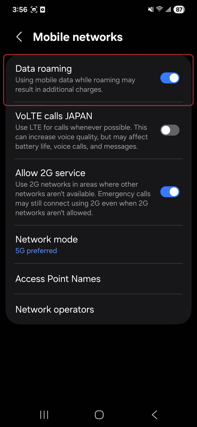 Turn on Data roaming
