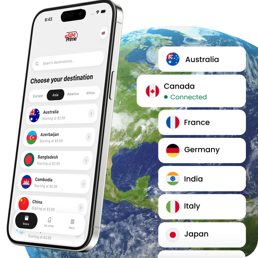 eSIM Prime app – choose your travel eSIM destination